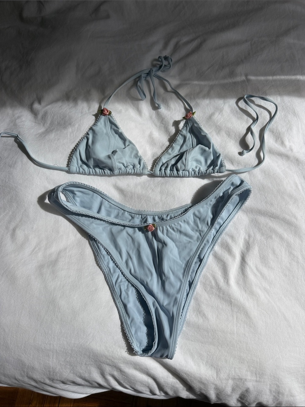 Light Blue Rosette Triangle Bikini with Pink Roses